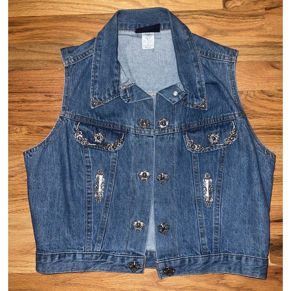 Vintage Faded Glory Denim Vest Women’s Size Medium Silver Concho Embellishments